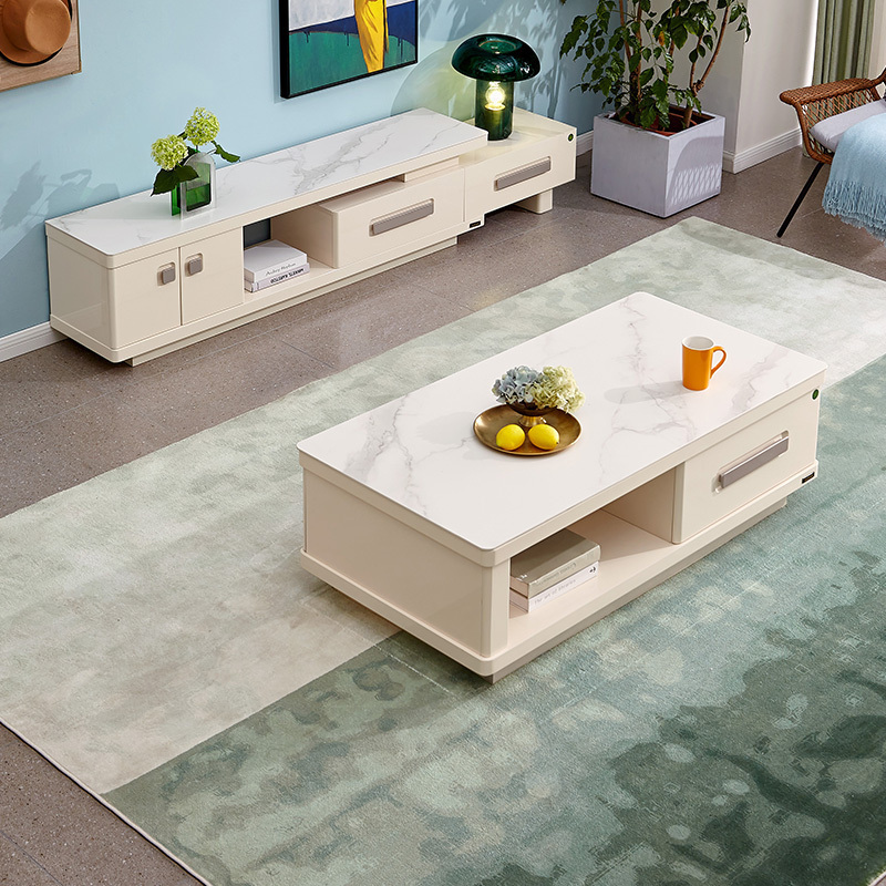 全友家居茶几电视柜组合现代简约客厅电视柜茶几钢化玻璃石材台面小户型白色伸缩电视柜