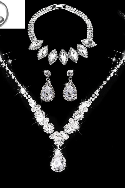 JiMi晚礼服配饰耳环新娘婚纱首饰套装璀璨水钻锆石天使泪水滴项链耳坠