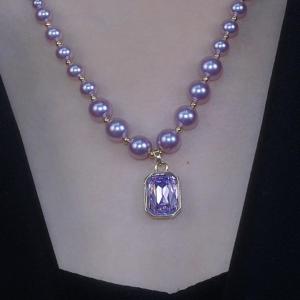时尚方形紫色水晶珠珠项链网红锁骨链女小众设计高级感毛衣链送女朋友老婆情人节七夕生日礼物 紫色珍珠项链