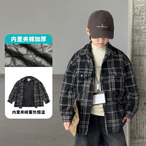 男童夹棉外套秋冬新款韩版儿童格子衬衫加厚中大童帅气棉衣潮