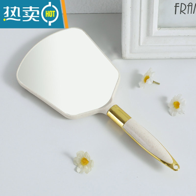 敬平欧式复古手柄化妆镜手拿手持美容院美容镜子便携随身化妆镜小镜子便携式用镜 方形米色