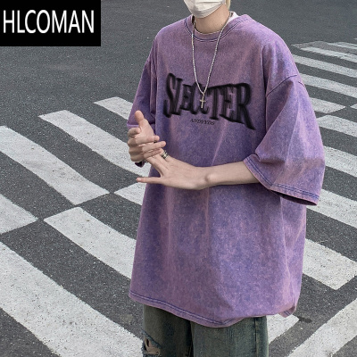 HLCOMAN美式复古水洗短袖t恤男夏季2025新款高级感做旧痞帅宽松半袖