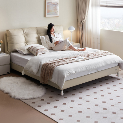 全友家居奶油风头层牛皮软包床小户型主卧室家用真皮双人大床