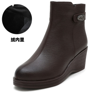秋冬新款厚底坡跟短靴真皮舒适软底圆头妈妈百搭复古马丁靴女