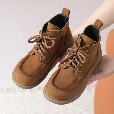 复古休闲厚底圆头短靴女靴秋冬新款真皮侧拉链绑带软底大头靴