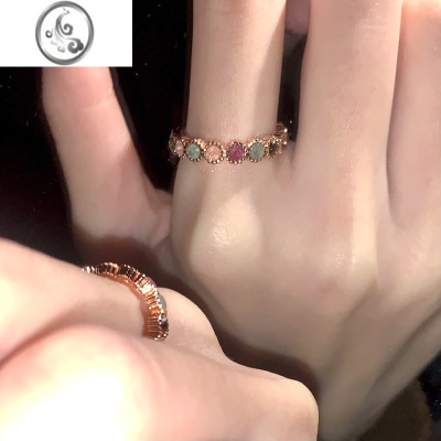 JiMi碧玺彩虹戒指女小众设计开口可调节指圈甜酷辣妹风饰品高级感指环 碧玺