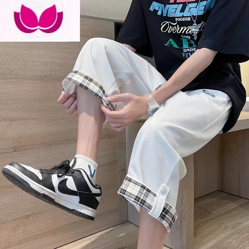 七斓华夫格运动七分裤男夏季宽松过膝短裤ins潮大码卷边格子阔腿7分裤