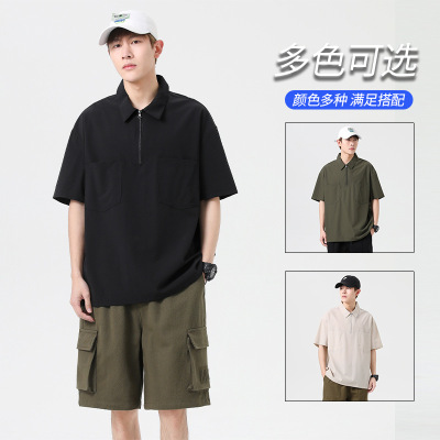 夏季新款男士韩版宽松薄款纯色简约休闲中袖拉链polo衫潮情侣上衣