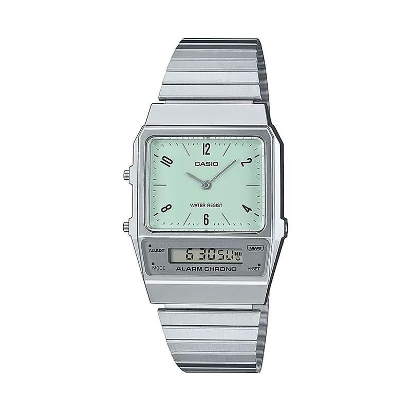 卡西欧(CASIO)多功能石英表防水电子指针双显休闲商务银色不锈钢腕表