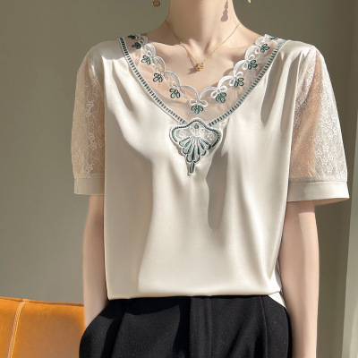 V领蕾丝短袖T恤女夏薄宽松套头半袖打底体恤短款显瘦洋气缎面上衣_1