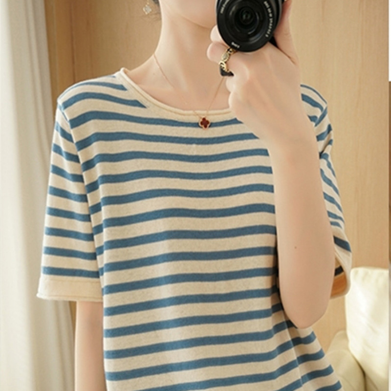 棉线2026夏条纹短袖T恤女宽松圆领背心针织棉麻半袖