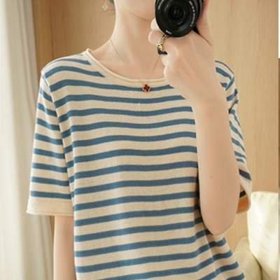 棉线2026夏条纹短袖T恤女宽松圆领背心针织棉麻半袖