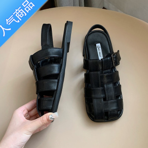 SUNTEK包头凉鞋女2023新款法式复古编织镂空罗马鞋休闲百搭平底软底