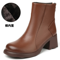 秋冬牛皮单靴粗跟厚底短靴女冬季软底后拉链中跟舒适大码女靴
