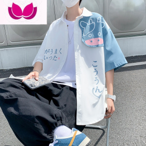 七斓夏季拼接衬衫男短袖ins潮牌个性港风日系休闲韩版潮流帅气上衣服