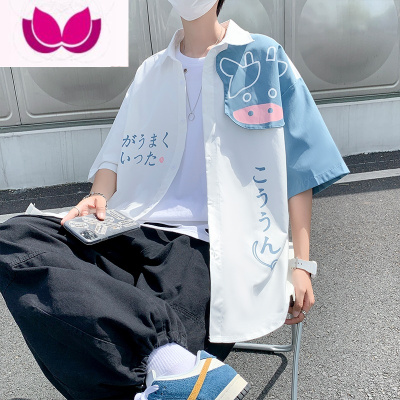 七斓夏季拼接衬衫男短袖ins潮牌个性港风日系休闲韩版潮流帅气上衣服