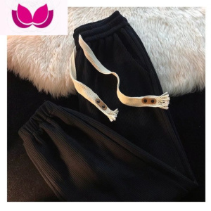 七斓国潮复古华夫格运动卫裤男女夏季高腰ins垂感束脚宽松休闲九分裤