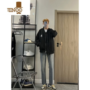 YANXU四季新款直筒潮牌毛边牛仔裤男高街网红宽松学生休闲小脚九分裤子