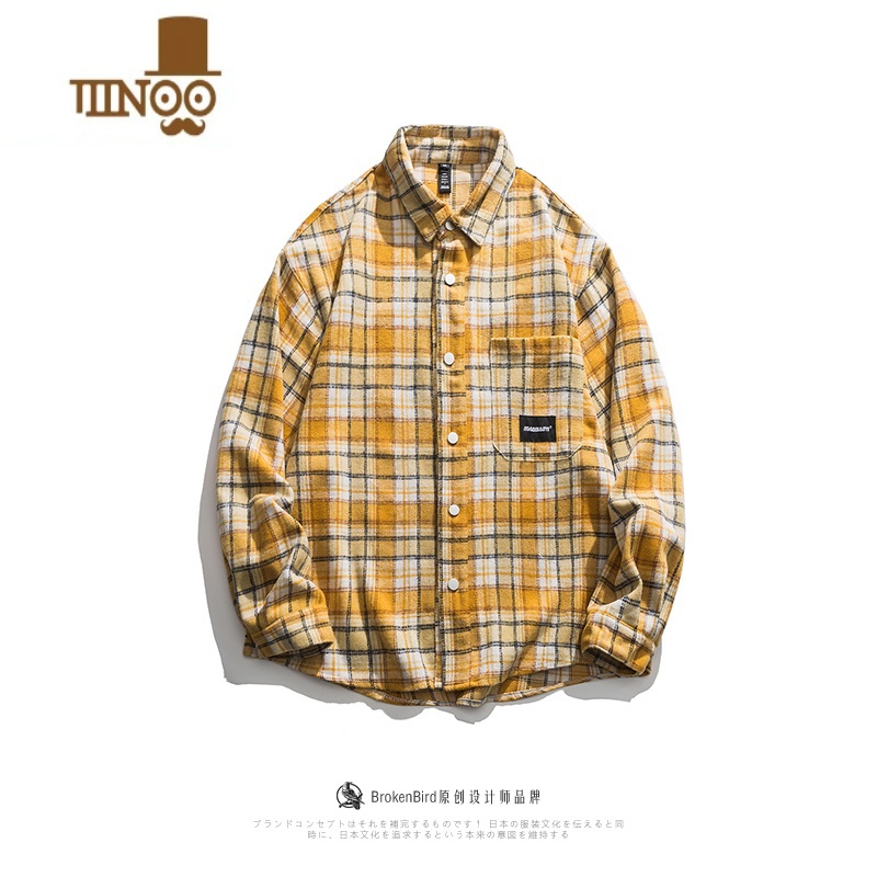 YANXU日系潮牌2023新款拼色格子衬衫男潮牌街头bf宽松休闲百搭衬衣长袖