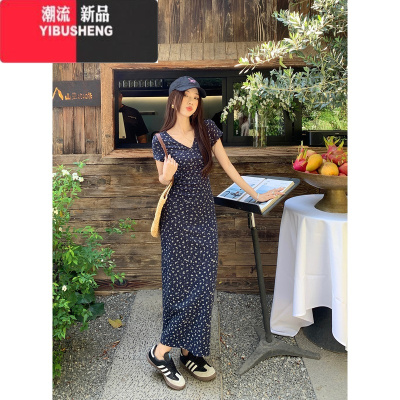 YIBUSHENG法式复古碎花V领短袖连衣裙女季辣妹气质收腰显瘦包臀裙长裙子