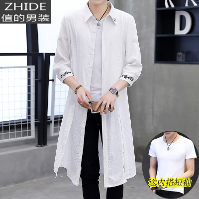 SUNTEK男士风衣中长款春夏中国风男装韩版宽松加长过膝大衣薄款外套潮流风衣