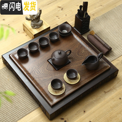 三维工匠整块鸡翅黑檀实木茶盘四方简约茶海整套陶瓷哥窑汝窑功夫茶具套装 四方聚福盘+紫砂西施 21件