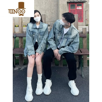 YANXU秋季美式高街水洗复古牛仔夹克男网红拉链垫肩设计感情侣百搭外套