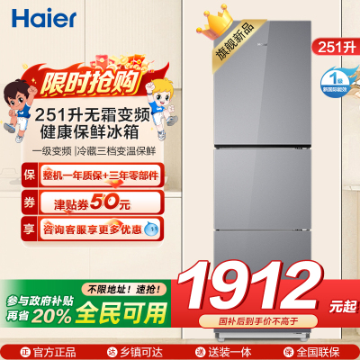 海尔(Haier) 251升无霜变频健康保鲜冰箱 简美三门 自然新鲜 一级变频 黑金净化BCD-251WGHC3E7AS