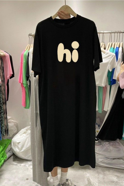 夏季新款韩国开叉字母印花裙子过膝长款宽松大码短袖T恤连衣裙女