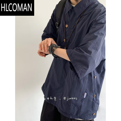 HLCOMANcityboy日系复古工装短袖衬衫男女设计感休闲宽松半袖衬衣外套潮