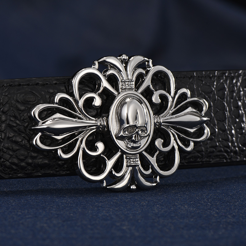 男士皮带潮流十字骷髅头平滑扣裤带时尚鳄鱼纹牛皮腰带男真皮