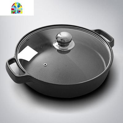 铸铁双耳平底锅煎锅无涂层锅老式铁锅加厚生铁锅30cm FENGHOU 30CM煎锅玻璃盖