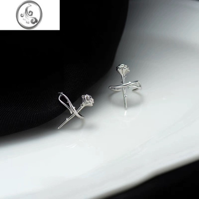 JiMi925银玫瑰花耳夹女无耳洞设计感耳环夏季小众个性2023新款耳饰