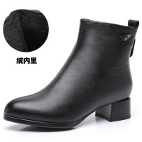 真皮短靴女秋冬加绒棉鞋中跟加绒女靴粗跟裸靴中年妈妈棉鞋字