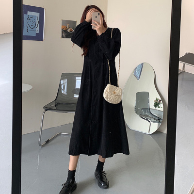 广赫复古港风黑色灯芯绒连衣裙女春秋长裙收腰显瘦小黑裙内搭打底裙子连衣裙