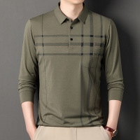 秋季男士长袖T恤百搭polo衫格子日常商务翻领长袖透气T恤