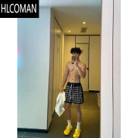 HLCOMAN美式复古创意字母印花宽松短裤男夏季潮牌网眼篮球休闲抽绳四分裤