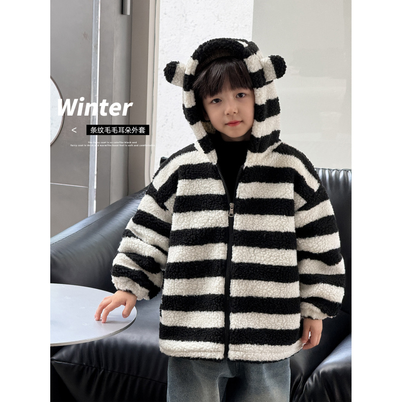 童酷儿童冬季新款湖州织里童装可爱宝宝条纹毛绒耳朵男童外套