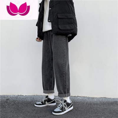 七斓松紧腰牛仔裤男宽松2022韩版百搭阔腿高街复古抽绳九分直筒裤