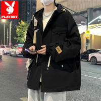 花花公子工装外套男士秋冬季加绒宽松大码潮牌痞帅青少年连帽夹克