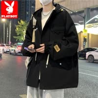花花公子工装外套男士秋冬季加绒宽松大码潮牌痞帅青少年连帽夹克