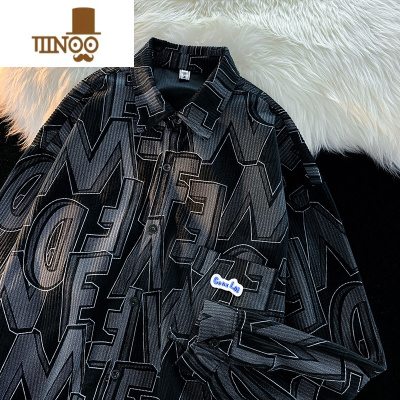 YANXU长袖灯芯绒衬衫男潮牌ins日系复古痞帅印花休闲雅痞宽松外套