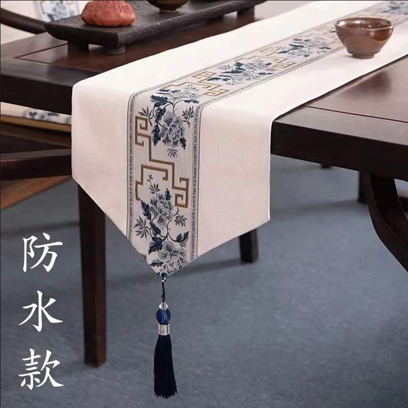 新中式桌旗禅意刺绣棉麻茶旗餐桌垫长条桌布艺现代简约电视柜盖 云中君-白色 33*210cm(适用桌长1.6米-1.7米)