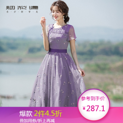 烟花烫夏季碎花裙2021新款女装复古短袖雪纺收腰连衣裙SD碧城