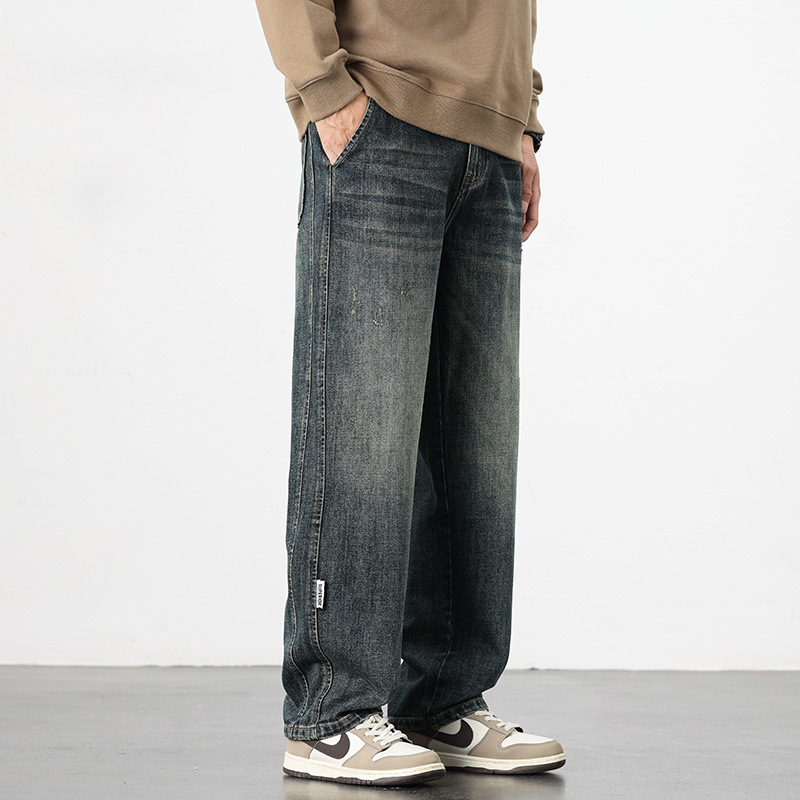 复古做旧水洗牛仔裤 男士宽松直筒阔腿裤 高街潮牌休闲牛仔长裤男
