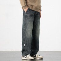 复古做旧水洗牛仔裤 男士宽松直筒阔腿裤 高街潮牌休闲牛仔长裤男