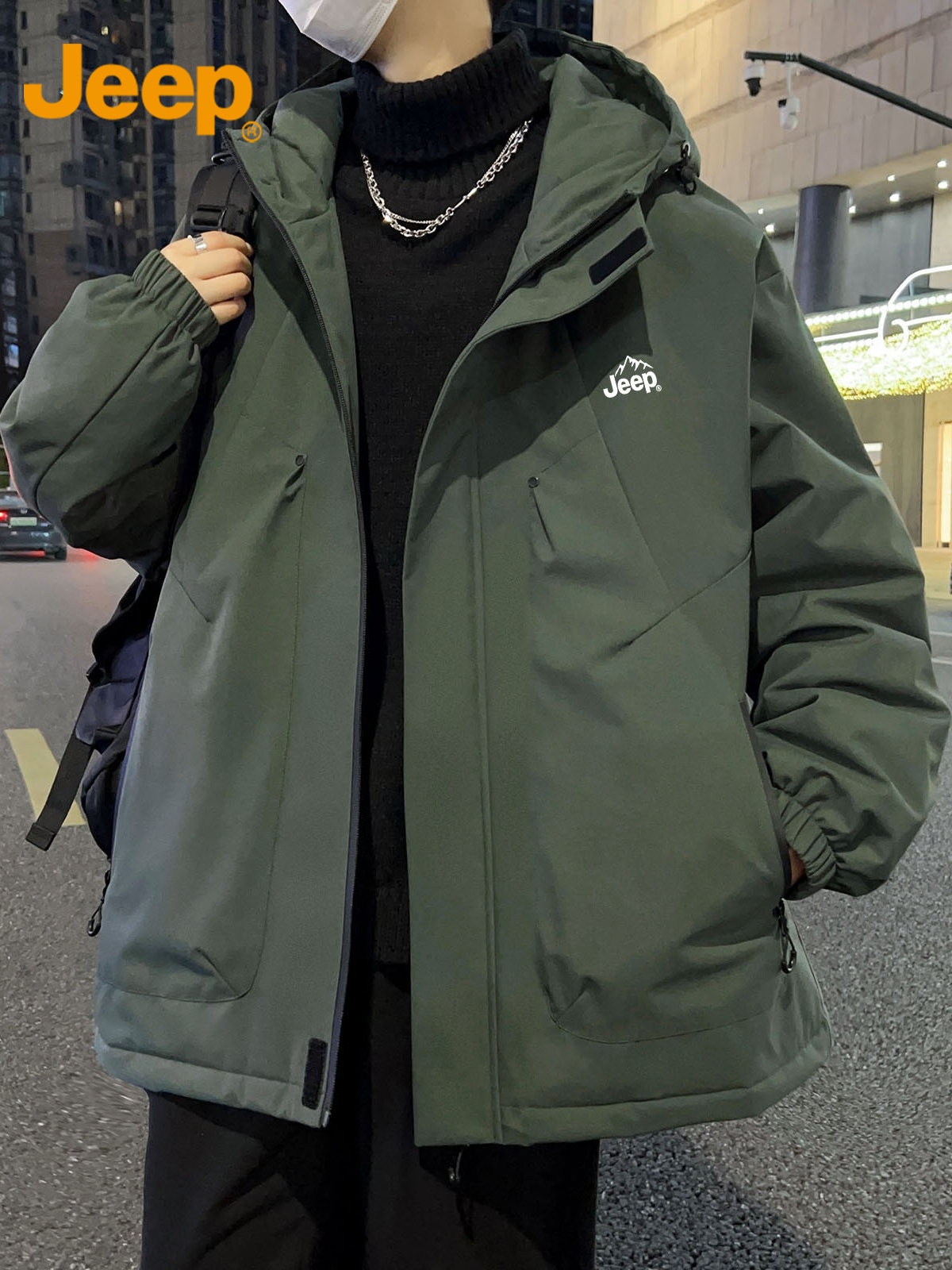 Jeep吉普连帽棉衣男士冬季加厚保暖冲锋上衣防风工装棉服外套男装
