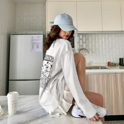 [1折价26.9元,叠加优惠券]春夏季长袖t恤女框型卡通印花纯棉圆领上衣韩版宽松显瘦