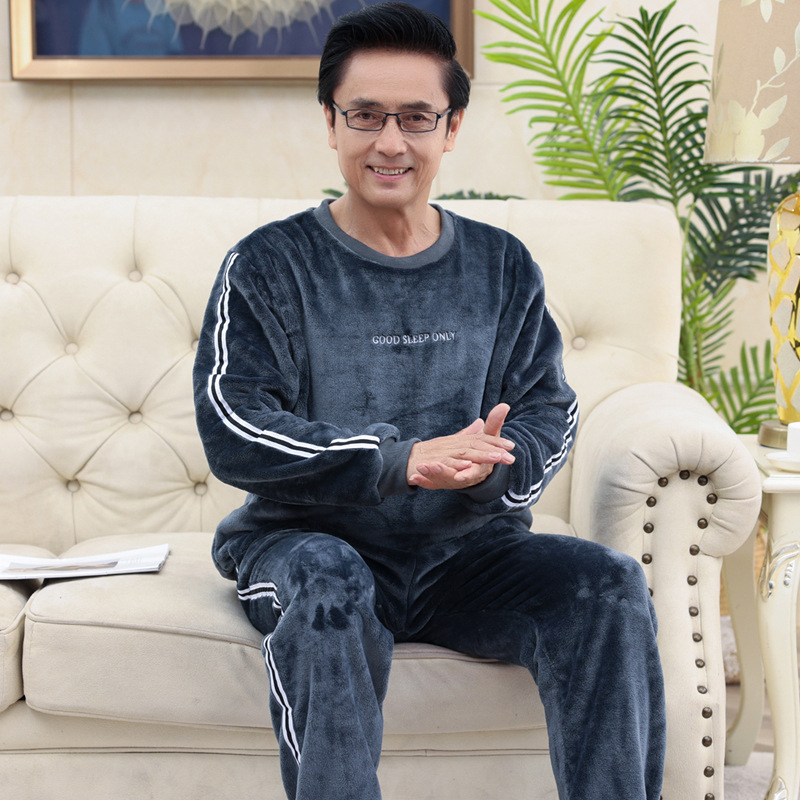 法兰绒中老年睡衣男士秋冬季加厚珊瑚绒爸爸可外穿大码家居服套装
