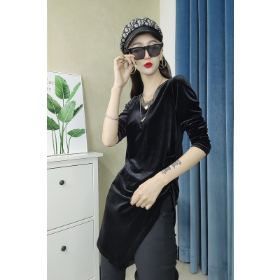 恋名媛金丝绒上衣女2020秋季新款气质V领中长款黑色打底衫长袖大码女装大码女装
